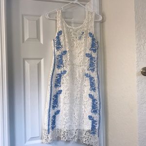 White Lace Dress with Light Blue Detail